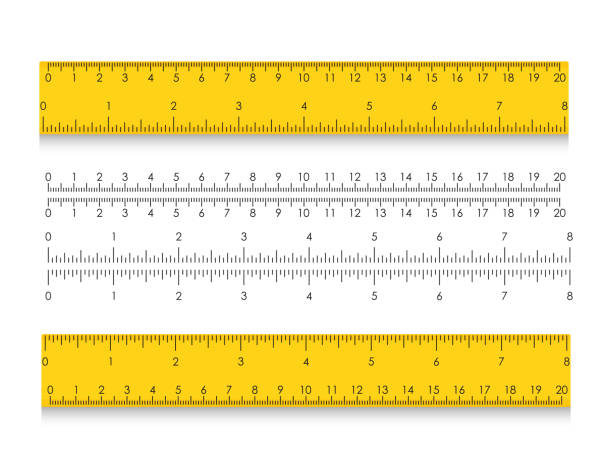 School measuring ruler with centimeters and inches. Size indicators with different unit distances School measuring ruler with centimeters and inches. Size indicators with different unit distances. Vector illustration metric ruler stock illustrations
