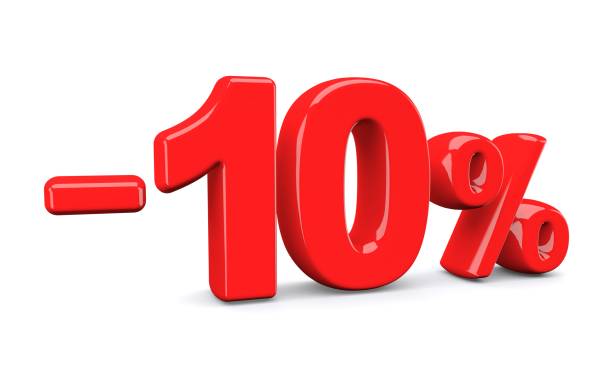istock 10 percent off discount sign. Red text is isolated on white. 973050340
