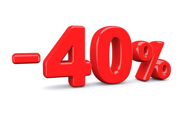 istock 40 percent off discount sign. Red text is isolated on white. 973050344