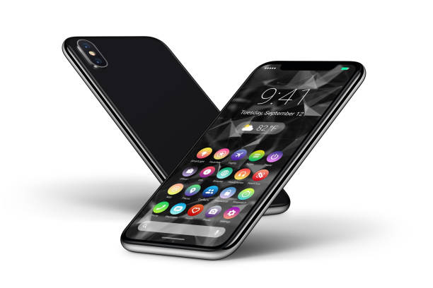perspektive schwarz smartphones mit materialdesign flachen ui schnittstelle vorderseite und rückseite - flachwinkelansicht stock-fotos und bilder