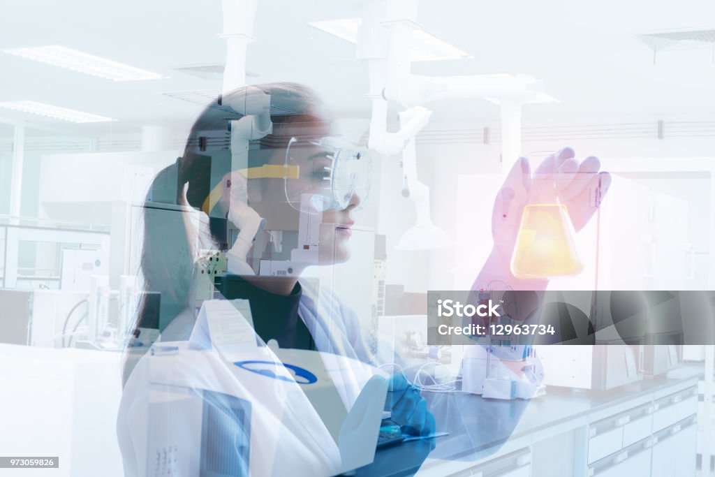 Research scientist in laboratory room., Science, chemistry, technology, biology, Double exposure concept Research scientist in laboratory room., Science, chemistry, technology, biology., Double exposure concept. Multiple Exposure Stock Photo