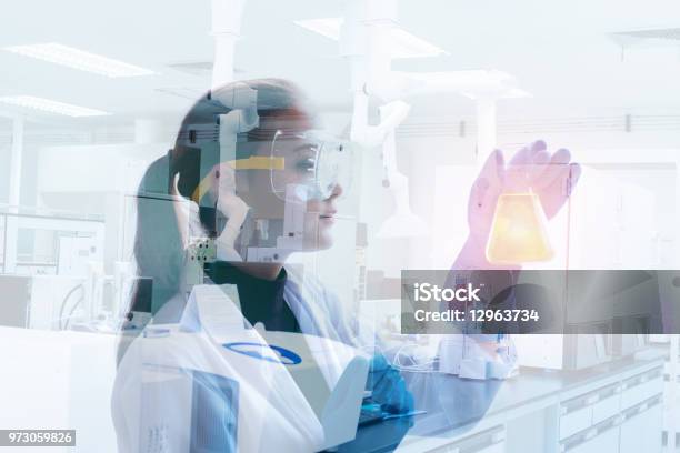 Research Scientist In Laboratory Room Science Chemistry Technology Biology Double Exposure Concept Stock Photo - Download Image Now
