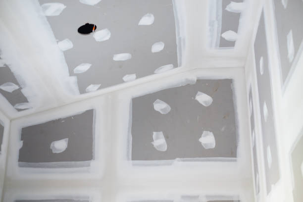 istock Empty room interior new ceiling plaster gypsum board with drill hole for lamp in construction site. 973066788