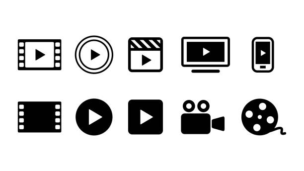 video film vod streaming schaltflächensymbol festlegen vektor-illustration. weiß schwarz farbe. - film unterhaltungsveranstaltung stock-grafiken, -clipart, -cartoons und -symbole