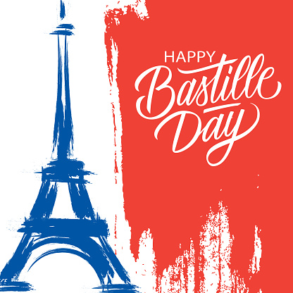 Happy Bastille Day, 14th of July brush stroke holiday greeting card in colors of the national flag of France with Eiffel tower and hand lettering.