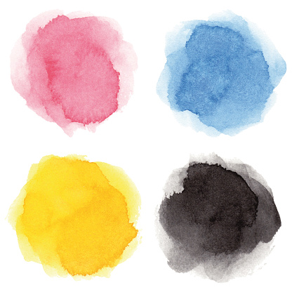 Set of blue, rose colored, yellow, black vectorized round watercolor splashes.