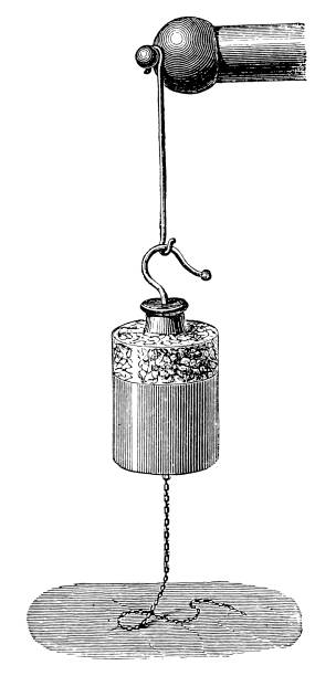 Leyden jar (or Leiden jar) stores a high-voltage electric charge (from an external source) between electrical conductors on the inside and outside of a glass jar Illustration of a Leyden jar (or Leiden jar) stores a high-voltage electric charge (from an external source) between electrical conductors on the inside and outside of a glass jar leyden jar stock illustrations