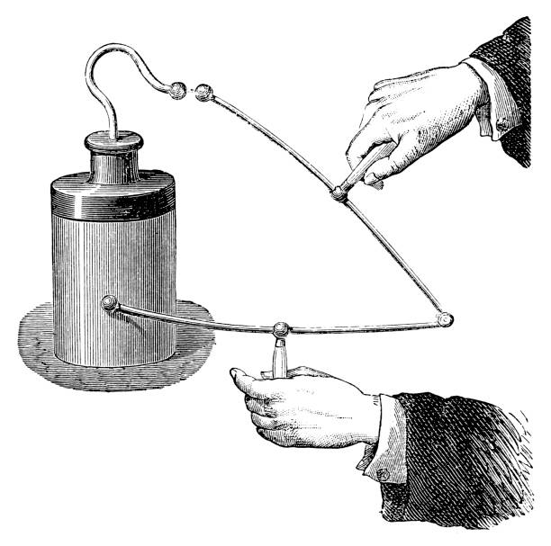 Leyden battery (or Leiden jar) stores a high-voltage electric charge (from an external source) between electrical conductors on the inside and outside of a glass jar Illustration of a Leyden battery (or Leiden jar) stores a high-voltage electric charge (from an external source) between electrical conductors on the inside and outside of a glass jar leyden jar stock illustrations