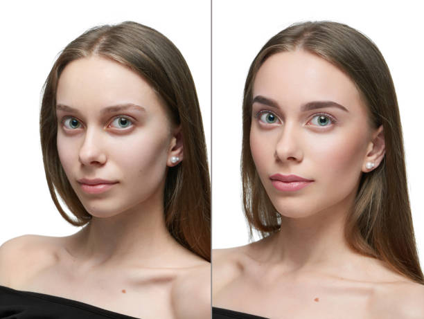 istock Comparison of one girl before and after make up. 973096222