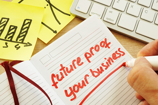 Hand is writing future proof your business.