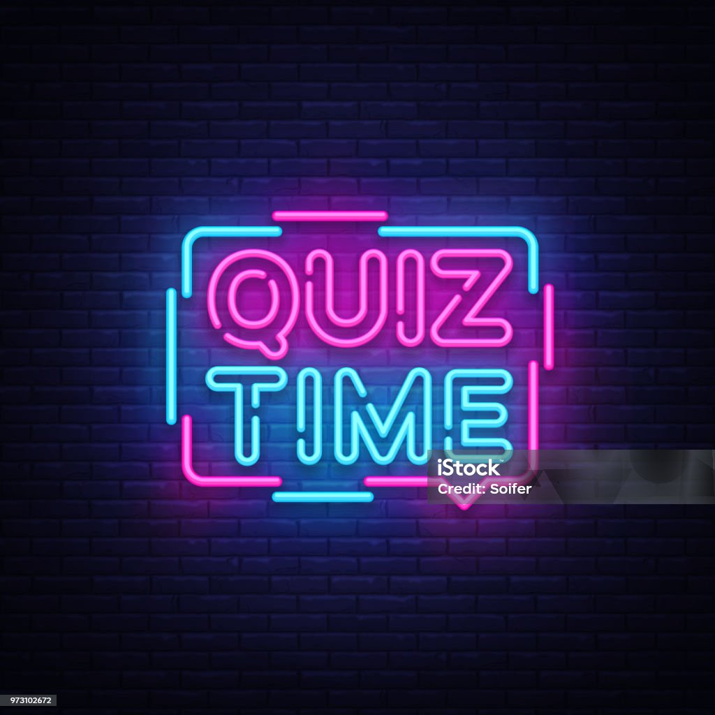Quiz Time annuncio poster neon signboard vector. Pub Quiz vintage stile neon luminoso lettere splendenti, Light Banner, Domande gioco di squadra. Illustrazione vettoriale - arte vettoriale royalty-free di Serata di quiz