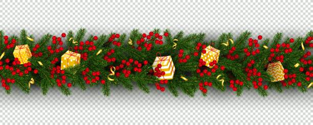 ilustraciones, imágenes clip art, dibujos animados e iconos de stock de navidad y año nuevo frontera de realista ramas de bayas de acebo, árbol de navidad y regalos - pine tree evergreen tree backgrounds needle