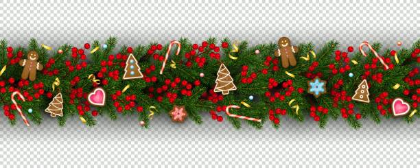 Christmas and New Year border of realistic branches of Christmas tree, holly berries, christmas cookies Christmas and New Year border of realistic branches of Christmas tree, holly berries, christmas cookies Festive design isolated on transparent background Vector vector food branch twig stock illustrations