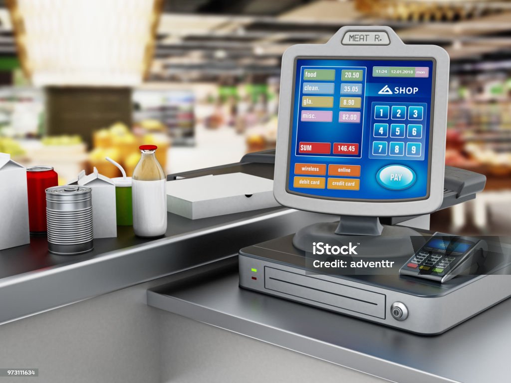 Modern cash register with POS machine standing next to belt with supermarket items Modern cash register with POS machine standing next to belt with supermarket items. Fictitious screen design. Point Of Sale Stock Photo