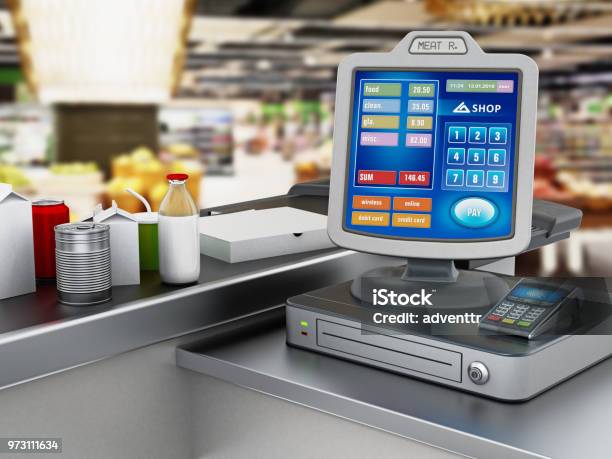 Modern Cash Register With Pos Machine Standing Next To Belt With Supermarket Items Stock Photo - Download Image Now