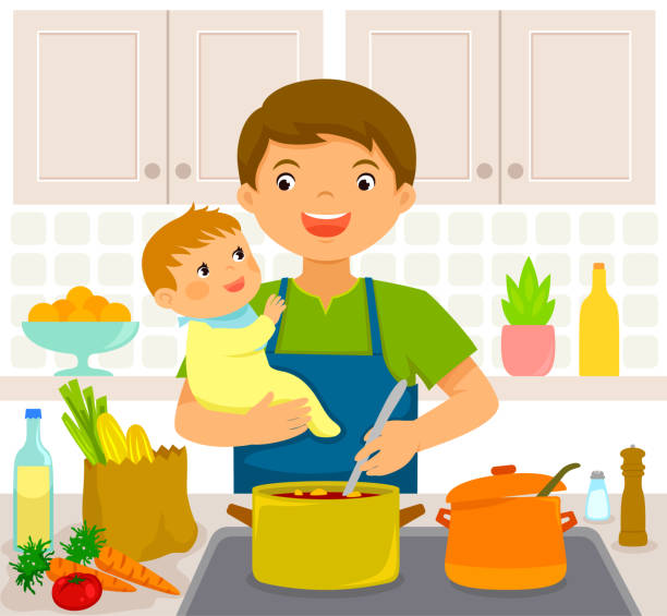 Man with a baby cooking in the kitchen Young man holding a baby while cooking in the kitchen gender equality at work stock illustrations
