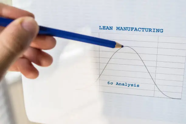 Photo of Male hand pointing with a pencil at a Lean manufacturing six sigma chart