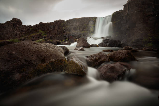 Rocks in the water of waterfall at Iceland.