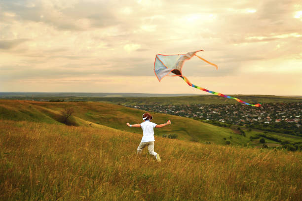 istock Boy child runs with a kite on the field 973121890
