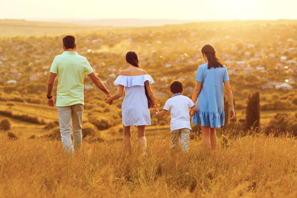 istock Family holding hands walking in nature at sunset 973128408
