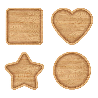 Set of wooden signs with frames. Wooden labels with various shapes: heart, square, circle, star. Vintage signs collection. Eps10 vector