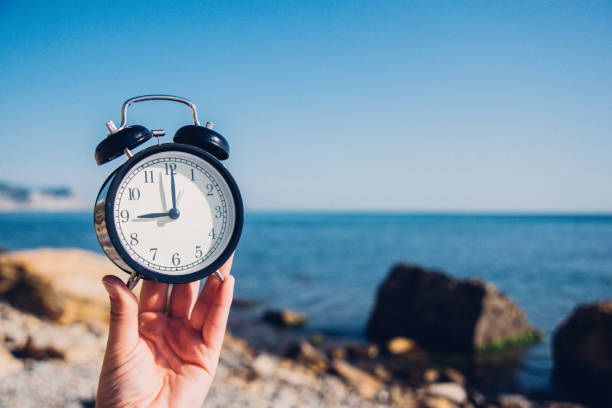 istock Hand hold watch on beach background.Alarm clock on sea and sand background different time with summer vacation.Vacation time concept. 973158914