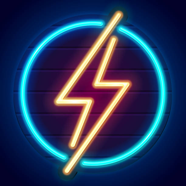 Neon thunderbolt logo. Neon thunderbolt on a signboard. Logo on dark background. Yellow lightning bolt in blue circle. Eps10 vector electricity symbols stock illustrations