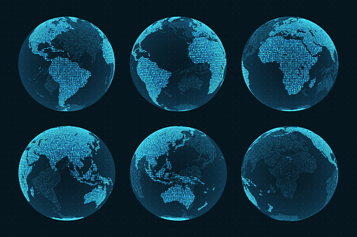Earth hologram from different angles. Set of hud elements. Blue world map on a dark background with grid. Eps10 vector
