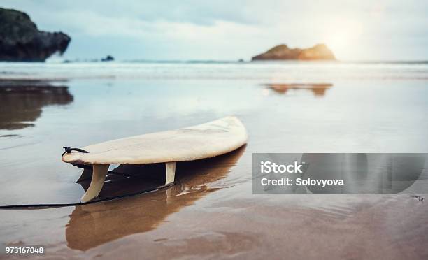 Board Zum Surfen Am Verlassenen Ocean Beach Stockfoto und mehr Bilder von Surfen - Surfen, Surfbrett, Brandung