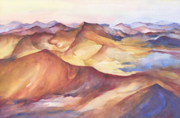 istock Multicolor mountain landscape peaks on sunset on panoramic view. Beautiful rocks and yellow sand desert, dune of the huge sizes. Watercolor painting illustration isolated on white background. 973169858