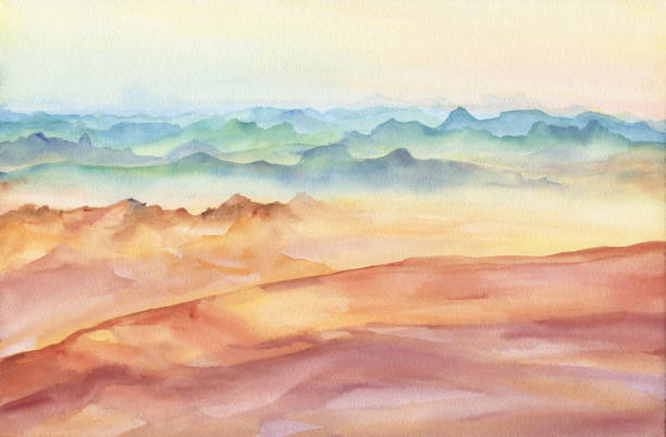 Mountain landscape peaks on sunset on panoramic view. Beautiful rocks and yellow sand desert, dune of the huge sizes. Watercolor hand drawn painting illustration isolated on white background. Mountain landscape peaks on sunset on panoramic view. Beautiful rocks and yellow sand desert, dune of the huge sizes. Watercolor hand drawn painting illustration isolated on white background. deserto stock illustrations
