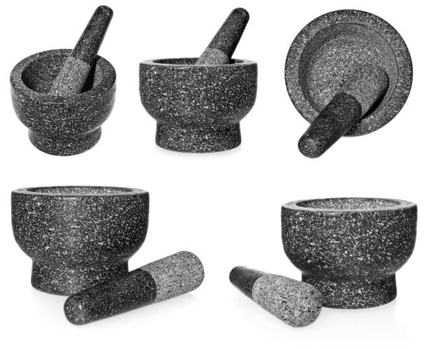 Granite mortar with pestle. Empty crushing dish, isolated on a white background.