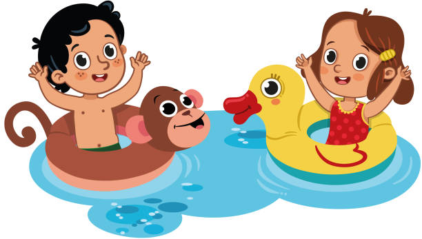 ilustrações de stock, clip art, desenhos animados e ícones de two little kids having fun in the water. - swimwear child inner tube little girls