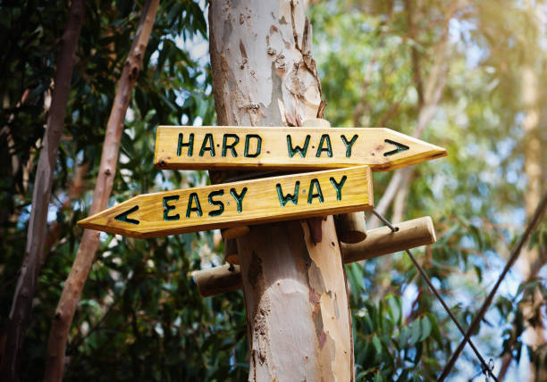 Signs in the forest give you a choice between effort and laziness.