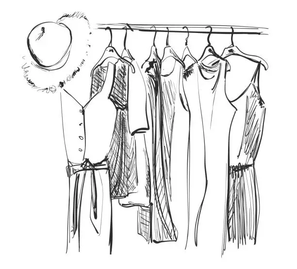 Vector illustration of Wardrobe sketch. Clothes on the hangers. Summer dress and hat