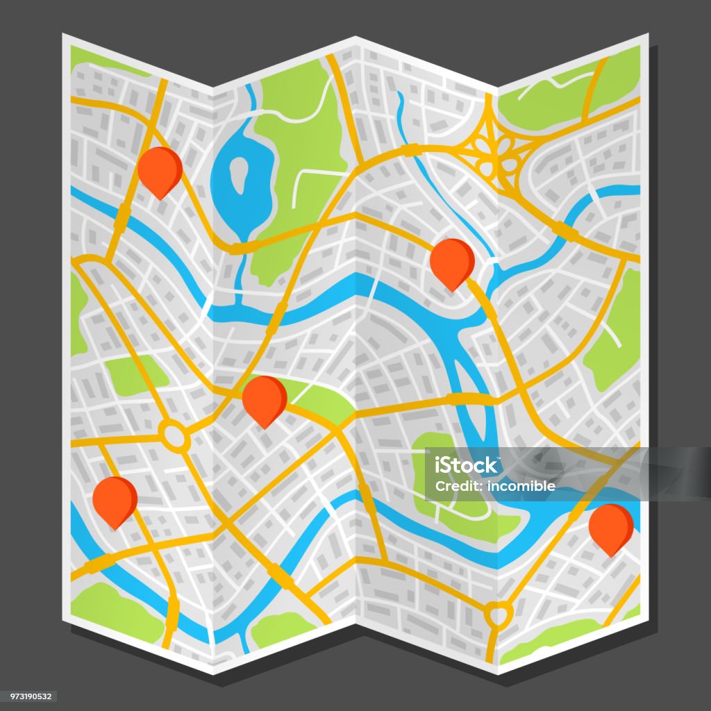 Abstract city map with markers Abstract city map with markers. Illustration of streets, roads and buildings. Abstract stock vector