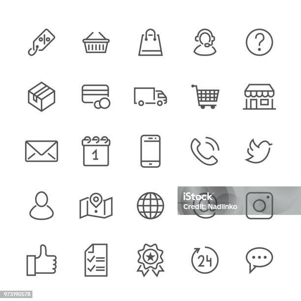Online Shopping Flat Line Icons Ecommerce Business Contacts Support Social Networks Shop Basket Sale Delivery Illustrations Thin Signs For Web Store Pixel Perfect 48x48 Editable Strokes Stock Illustration - Download Image Now