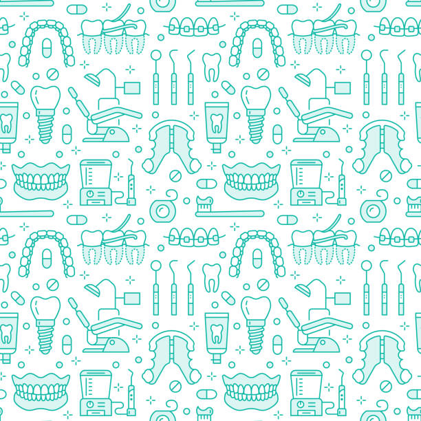 stockillustraties, clipart, cartoons en iconen met tandarts, orthodontie blauwe naadloze patroon met lijn pictogrammen. tandheelkundige zorg, medische apparatuur, bretels, tand prothese, floss, cariës behandeling, tandpasta. gezondheidszorg achtergrond voor tandheelkunde kliniek - tandartsapparatuur illustraties