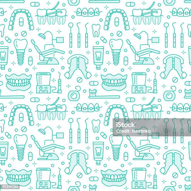 Dentist Orthodontics Blue Seamless Pattern With Line Icons Dental Care Medical Equipment Braces Tooth Prosthesis Floss Caries Treatment Toothpaste Health Care Background For Dentistry Clinic Stock Illustration - Download Image Now