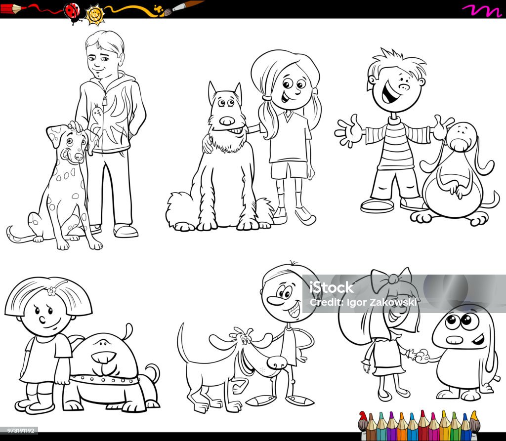 children and dog characters color book Black and White Coloring Book Cartoon Illustration of Children with Dog Animals Characters Set Cartoon stock vector