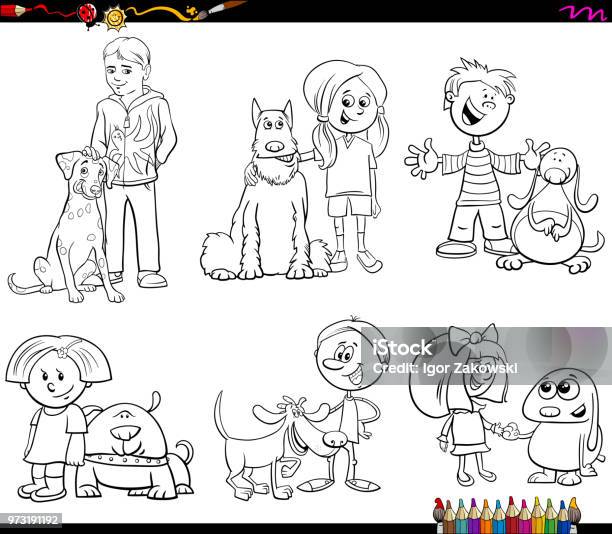 Children And Dog Characters Color Book Stock Illustration - Download Image Now - Cartoon, Coloring Book Page - Illlustration Technique, Dog