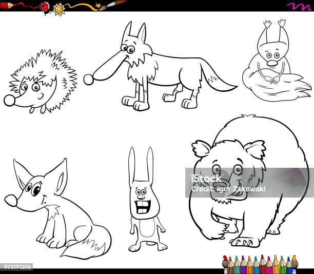 Wild Animal Characters Set Coloring Book Stock Illustration - Download Image Now - Activity, Animal, Animal Wildlife