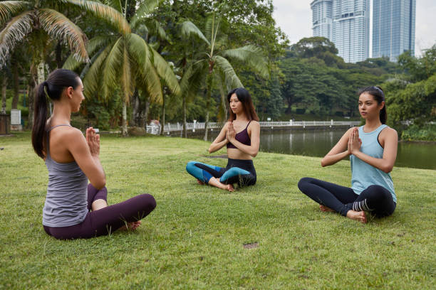 istock Three multi-ethnic friends doing yoga at park 973194648
