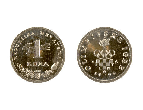 1 Kuna coin isolated on white background. The kuna is the currency of Croatia.\nIt is subdivided into 100 lipa. Commemorative coin.