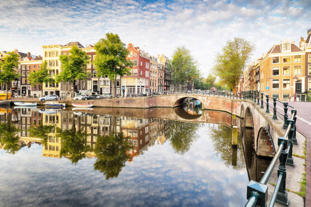 istock Amsterdam Canal houses  vibrant reflections, Netherlands, panorama 973204890