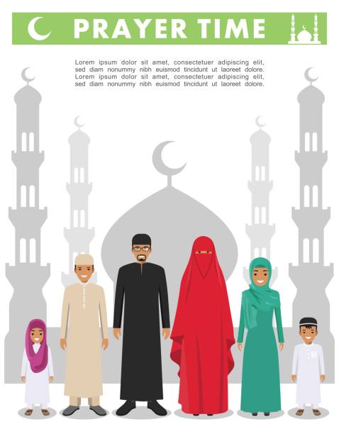 illustrazioni stock, clip art, cartoni animati e icone di tendenza di tempo di preghiera. concetto di famiglia e religione. persone arabe in piedi insieme in abiti tradizionali musulmani sullo sfondo con silhouette di moschea e minareti in stile piatto. illustrazione vettoriale. - saudi arabia child ramadan offspring