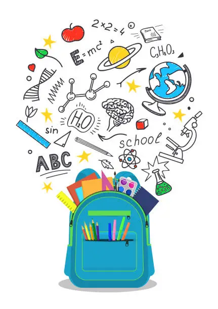 Vector illustration of Open school backpack with doodles.