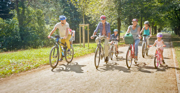istock Family riding bicycle in park 973258804