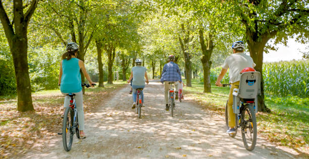 istock Family riding bicycle in park 973258806
