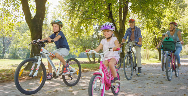 istock Family riding bicycle in park 973258822